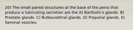 20) The small paired structures at the base of the penis that produce a lubricating secretion are the A) Bartholin's glands. B) Prostate glands. C) Bulbourethral glands. D) Preputial glands. E) Seminal vesicles.