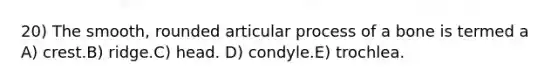 20) The smooth, rounded articular process of a bone is termed a A) crest.B) ridge.C) head. D) condyle.E) trochlea.