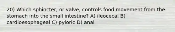 20) Which sphincter, or valve, controls food movement from <a href='https://www.questionai.com/knowledge/kLccSGjkt8-the-stomach' class='anchor-knowledge'>the stomach</a> into <a href='https://www.questionai.com/knowledge/kt623fh5xn-the-small-intestine' class='anchor-knowledge'>the small intestine</a>? A) ileocecal B) cardioesophageal C) pyloric D) anal