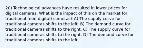 20) Technological advances have resulted in lower prices for digital cameras. What is the impact of this on the market for traditional (non-digital) cameras? A) The supply curve for traditional cameras shifts to the left. B) The demand curve for traditional cameras shifts to the right. C) The supply curve for traditional cameras shifts to the right. D) The demand curve for traditional cameras shifts to the left.