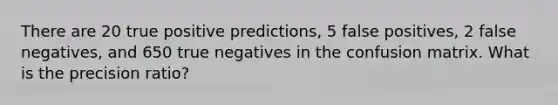 There are 20 true positive predictions, 5 false positives, 2 false negatives, and 650 true negatives in the confusion matrix. What is the precision ratio?