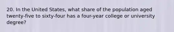 20. In the United States, what share of the population aged twenty-five to sixty-four has a four-year college or university degree?