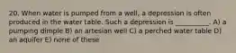 20. When water is pumped from a well, a depression is often produced in the water table. Such a depression is __________. A) a pumping dimple B) an artesian well C) a perched water table D) an aquifer E) none of these