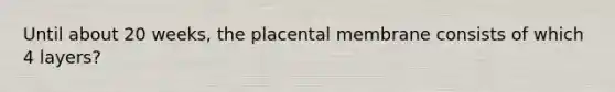 Until about 20 weeks, the placental membrane consists of which 4 layers?