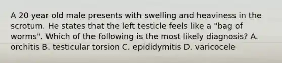 A 20 year old male presents with swelling and heaviness in the scrotum. He states that the left testicle feels like a "bag of worms". Which of the following is the most likely diagnosis? A. orchitis B. testicular torsion C. epididymitis D. varicocele