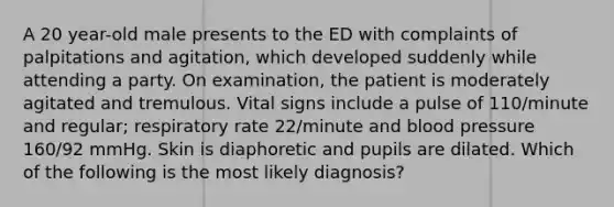 A 20 year-old male presents to the ED with complaints of palpitations and agitation, which developed suddenly while attending a party. On examination, the patient is moderately agitated and tremulous. Vital signs include a pulse of 110/minute and regular; respiratory rate 22/minute and blood pressure 160/92 mmHg. Skin is diaphoretic and pupils are dilated. Which of the following is the most likely diagnosis?