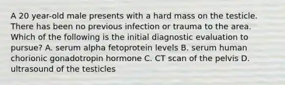 A 20 year-old male presents with a hard mass on the testicle. There has been no previous infection or trauma to the area. Which of the following is the initial diagnostic evaluation to pursue? A. serum alpha fetoprotein levels B. serum human chorionic gonadotropin hormone C. CT scan of the pelvis D. ultrasound of the testicles