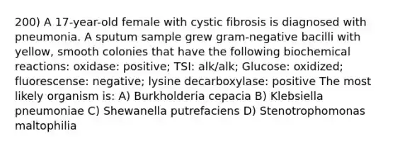 200) A 17-year-old female with cystic fibrosis is diagnosed with pneumonia. A sputum sample grew gram-negative bacilli with yellow, smooth colonies that have the following biochemical reactions: oxidase: positive; TSI: alk/alk; Glucose: oxidized; fluorescense: negative; lysine decarboxylase: positive The most likely organism is: A) Burkholderia cepacia B) Klebsiella pneumoniae C) Shewanella putrefaciens D) Stenotrophomonas maltophilia