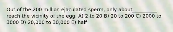 Out of the 200 million ejaculated sperm, only about__________ reach the vicinity of the egg. A) 2 to 20 B) 20 to 200 C) 2000 to 3000 D) 20,000 to 30,000 E) half