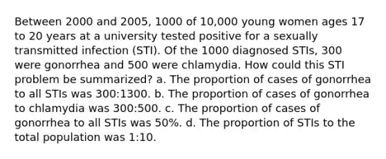 Between 2000 and 2005, 1000 of 10,000 young women ages 17 to 20 years at a university tested positive for a sexually transmitted infection (STI). Of the 1000 diagnosed STIs, 300 were gonorrhea and 500 were chlamydia. How could this STI problem be summarized? a. The proportion of cases of gonorrhea to all STIs was 300:1300. b. The proportion of cases of gonorrhea to chlamydia was 300:500. c. The proportion of cases of gonorrhea to all STIs was 50%. d. The proportion of STIs to the total population was 1:10.