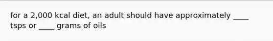 for a 2,000 kcal diet, an adult should have approximately ____ tsps or ____ grams of oils