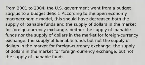 From 2001 to 2004, the U.S. government went from a budget surplus to a budget deficit. According to the open-economy macroeconomic model, this should have decreased both the supply of loanable funds and the supply of dollars in the market for foreign-currency exchange. neither the supply of loanable funds nor the supply of dollars in the market for foreign-currency exchange. the supply of loanable funds but not the supply of dollars in the market for foreign-currency exchange. the supply of dollars in the market for foreign-currency exchange, but not the supply of loanable funds.