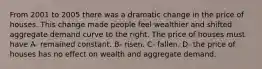 From 2001 to 2005 there was a dramatic change in the price of houses. This change made people feel wealthier and shifted aggregate demand curve to the right. The price of houses must have A- remained constant. B- risen. C- fallen. D- the price of houses has no effect on wealth and aggregate demand.