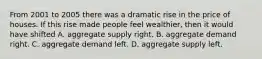 From 2001 to 2005 there was a dramatic rise in the price of houses. If this rise made people feel wealthier, then it would have shifted A. aggregate supply right. B. aggregate demand right. C. aggregate demand left. D. aggregate supply left.