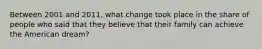 Between 2001 and 2011, what change took place in the share of people who said that they believe that their family can achieve the American dream?