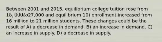 Between 2001 and 2015, equilibrium college tuition rose from 15,000 to27,000 and equilibrium 10) enrollment increased from 16 million to 21 million students. These changes could be the result of A) a decrease in demand. B) an increase in demand. C) an increase in supply. D) a decrease in supply.