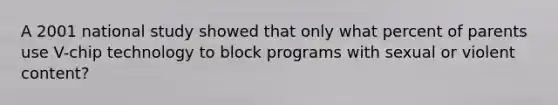 A 2001 national study showed that only what percent of parents use V-chip technology to block programs with sexual or violent content?