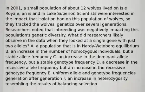 In 2001, a small population of about 12 wolves lived on Isle Royale, an island in Lake Superior. Scientists were interested in the impact that isolation had on this population of wolves, so they tracked the wolves' genetics over several generations. Researchers noted that inbreeding was negatively impacting this population's genetic diversity. What did researchers likely observe in the data when they looked at a single gene with just two alleles? A. a population that is in Hardy-Weinberg equilibrium B. an increase in the number of homozygous individuals, but a stable allele frequency C. an increase in the dominant allele frequency, but a stable genotype frequency D. a decrease in the recessive allele frequency but an increase in the recessive genotype frequency E. uniform allele and genotype frequencies generation after generation F. an increase in heterozygosity resembling the results of balancing selection