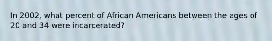 In 2002, what percent of <a href='https://www.questionai.com/knowledge/kktT1tbvGH-african-americans' class='anchor-knowledge'>african americans</a> between the ages of 20 and 34 were incarcerated?