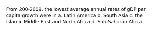 From 200-2009, the lowest average annual rates of gDP per capita growth were in a. Latin America b. South Asia c. the islamic Middle East and North Africa d. Sub-Saharan Africa