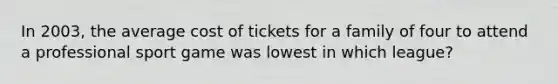 In 2003, the average cost of tickets for a family of four to attend a professional sport game was lowest in which league?