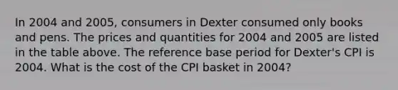 In 2004 and 2005, consumers in Dexter consumed only books and pens. The prices and quantities for 2004 and 2005 are listed in the table above. The reference base period for Dexter's CPI is 2004. What is the cost of the CPI basket in 2004?