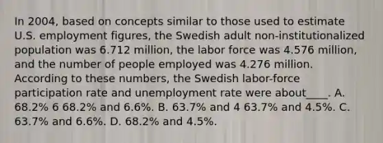 In 2004, based on concepts similar to those used to estimate U.S. employment figures, the Swedish adult non-institutionalized population was 6.712 million, the labor force was 4.576 million, and the number of people employed was 4.276 million. According to these numbers, the Swedish labor-force participation rate and <a href='https://www.questionai.com/knowledge/kh7PJ5HsOk-unemployment-rate' class='anchor-knowledge'>unemployment rate</a> were about____. A. 68.2% 6 68.2% and 6.6%. B. 63.7% and 4 63.7% and 4.5%. C. 63.7% and 6.6%. D. 68.2% and 4.5%.