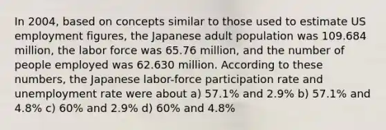 In 2004, based on concepts similar to those used to estimate US employment figures, the Japanese adult population was 109.684 million, the labor force was 65.76 million, and the number of people employed was 62.630 million. According to these numbers, the Japanese labor-force participation rate and unemployment rate were about a) 57.1% and 2.9% b) 57.1% and 4.8% c) 60% and 2.9% d) 60% and 4.8%