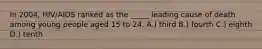 In 2004, HIV/AIDS ranked as the _____ leading cause of death among young people aged 15 to 24. A.) third B.) fourth C.) eighth D.) tenth