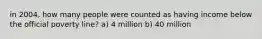 in 2004, how many people were counted as having income below the official poverty line? a) 4 million b) 40 million