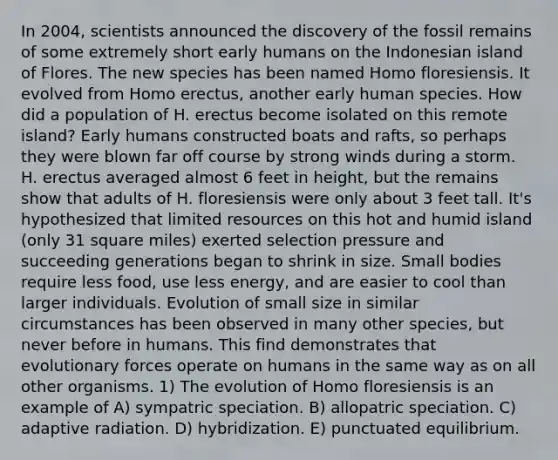 In 2004, scientists announced the discovery of the fossil remains of some extremely short early humans on the Indonesian island of Flores. The new species has been named Homo floresiensis. It evolved from Homo erectus, another early human species. How did a population of H. erectus become isolated on this remote island? Early humans constructed boats and rafts, so perhaps they were blown far off course by strong winds during a storm. H. erectus averaged almost 6 feet in height, but the remains show that adults of H. floresiensis were only about 3 feet tall. It's hypothesized that limited resources on this hot and humid island (only 31 square miles) exerted selection pressure and succeeding generations began to shrink in size. Small bodies require less food, use less energy, and are easier to cool than larger individuals. Evolution of small size in similar circumstances has been observed in many other species, but never before in humans. This find demonstrates that evolutionary forces operate on humans in the same way as on all other organisms. 1) The evolution of Homo floresiensis is an example of A) sympatric speciation. B) allopatric speciation. C) adaptive radiation. D) hybridization. E) punctuated equilibrium.