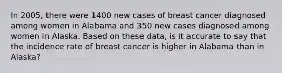 In 2005, there were 1400 new cases of breast cancer diagnosed among women in Alabama and 350 new cases diagnosed among women in Alaska. Based on these data, is it accurate to say that the incidence rate of breast cancer is higher in Alabama than in Alaska?