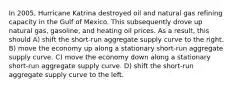 In 2005, Hurricane Katrina destroyed oil and natural gas refining capacity in the Gulf of Mexico. This subsequently drove up natural gas, gasoline, and heating oil prices. As a result, this should A) shift the short-run aggregate supply curve to the right. B) move the economy up along a stationary short-run aggregate supply curve. C) move the economy down along a stationary short-run aggregate supply curve. D) shift the short-run aggregate supply curve to the left.