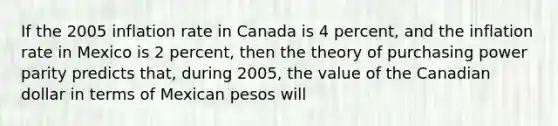 If the 2005 inflation rate in Canada is 4 percent, and the inflation rate in Mexico is 2 percent, then the theory of purchasing power parity predicts that, during 2005, the value of the Canadian dollar in terms of Mexican pesos will