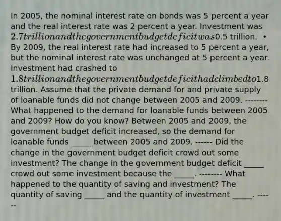 In​ 2005, the nominal interest rate on bonds was 5 percent a year and the real interest rate was 2 percent a year. Investment was​ 2.7 trillion and the government budget deficit was​0.5 trillion. ​ • By​ 2009, the real interest rate had increased to 5 percent a​ year, but the nominal interest rate was unchanged at 5 percent a year. Investment had crashed to​ 1.8 trillion and the government budget deficit had climbed to​1.8 trillion. Assume that the private demand for and private supply of loanable funds did not change between 2005 and 2009. -------- What happened to the demand for loanable funds between 2005 and​ 2009? How do you​ know? Between 2005 and​ 2009, the government budget deficit​ increased, so the demand for loanable funds​ _____ between 2005 and 2009. ------ Did the change in the government budget deficit crowd out some​ investment? The change in the government budget deficit​ _____ crowd out some investment because the​ _____. -------- What happened to the quantity of saving and​ investment? The quantity of saving​ _____ and the quantity of investment​ _____. ------