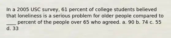 In a 2005 USC survey, 61 percent of college students believed that loneliness is a serious problem for older people compared to ____ percent of the people over 65 who agreed. a. 90 b. 74 c. 55 d. 33