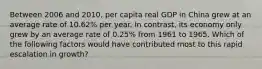 Between 2006 and 2010, per capita real GDP in China grew at an average rate of 10.62% per year. In contrast, its economy only grew by an average rate of 0.25% from 1961 to 1965. Which of the following factors would have contributed most to this rapid escalation in growth?