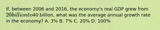 ​If, between 2006 and​ 2016, the​ economy's real GDP grew from​ 20 billion to​40 billion, what was the average annual growth rate in the​ economy? A. ​3% B. ​7% C. ​20% D. ​100%