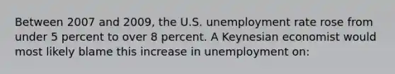 Between 2007 and 2009, the U.S. unemployment rate rose from under 5 percent to over 8 percent. A Keynesian economist would most likely blame this increase in unemployment on: