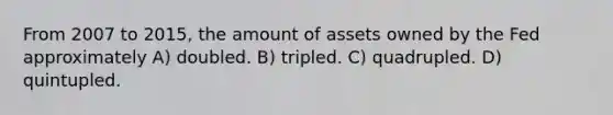 From 2007 to 2015, the amount of assets owned by the Fed approximately A) doubled. B) tripled. C) quadrupled. D) quintupled.