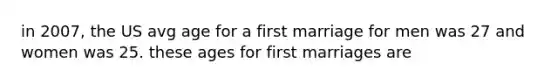 in 2007, the US avg age for a first marriage for men was 27 and women was 25. these ages for first marriages are