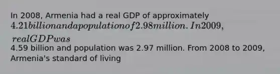 In 2008, Armenia had a real GDP of approximately 4.21 billion and a population of 2.98 million. In 2009, real GDP was4.59 billion and population was 2.97 million. From 2008 to 2009, Armenia's standard of living