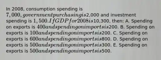 In 2008, consumption spending is 7,000, government purchasing is2,000 and investment spending is 1,500. If GDP for 2008 is10,300, then: A. Spending on exports is 400 and spending on imports is200. B. Spending on exports is 100 and spending on imports is200. C. Spending on exports is 600 and spending on imports is800. D. Spending on exports is 500 and spending on imports is300. E. Spending on exports is 500 and spending on imports is500.