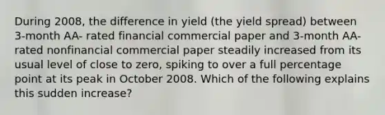 During 2008, the difference in yield (the yield spread) between 3-month AA- rated financial commercial paper and 3-month AA-rated nonfinancial commercial paper steadily increased from its usual level of close to zero, spiking to over a full percentage point at its peak in October 2008. Which of the following explains this sudden increase?