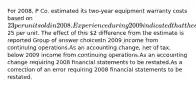 For 2008, P Co. estimated its two-year equipment warranty costs based on 23 per unit sold in 2008. Experience during 2009 indicated that the estimate should have been based on25 per unit. The effect of this 2 difference from the estimate is reported Group of answer choicesIn 2009 income from continuing operations.As an accounting change, net of tax, below 2009 income from continuing operations.As an accounting change requiring 2008 financial statements to be restated.As a correction of an error requiring 2008 financial statements to be restated.