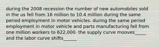 during the 2008 recession the number of new automobiles sold in the us fell from 16 million to 10.4 million during the same period employment in motor vehicles. during the same period employment in motor vehicle and parts manufacturing fell from one million workers to 622,000. the supply curve mooves_____ and the labor curve shifts______