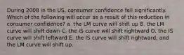 During 2008 in the US, consumer confidence fell significantly. Which of the following will occur as a result of this reduction in consumer confidence? a. the LM curve will shift up B. the LM curve will shift down C. the IS curve will shift rightward D. the IS curve will shift leftward E. the IS curve will shift rightward, and the LM curve will shift up.