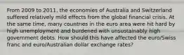 From 2009 to 2011, the economies of Australia and Switzerland suffered relatively mild effects from the global financial crisis. At the same time, many countries in the euro area were hit hard by high unemployment and burdened with unsustainably high government debts. How should this have affected the euro/Swiss franc and euro/Australian dollar exchange rates?