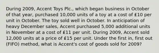 During 2009, Accent Toys Plc., which began business in October of that year, purchased 10,000 units of a toy at a cost of ₤10 per unit in October. The toy sold well in October. In anticipation of heavy December sales, Accent purchased 5,000 additional units in November at a cost of ₤11 per unit. During 2009, Accent sold 12,000 units at a price of ₤15 per unit. Under the first in, first out (FIFO) method, what is Accent's cost of goods sold for 2009?