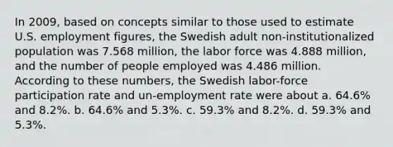 In 2009, based on concepts similar to those used to estimate U.S. employment figures, the Swedish adult non-institutionalized population was 7.568 million, the labor force was 4.888 million, and the number of people employed was 4.486 million. According to these numbers, the Swedish labor-force participation rate and un-employment rate were about a. 64.6% and 8.2%. b. 64.6% and 5.3%. c. 59.3% and 8.2%. d. 59.3% and 5.3%.